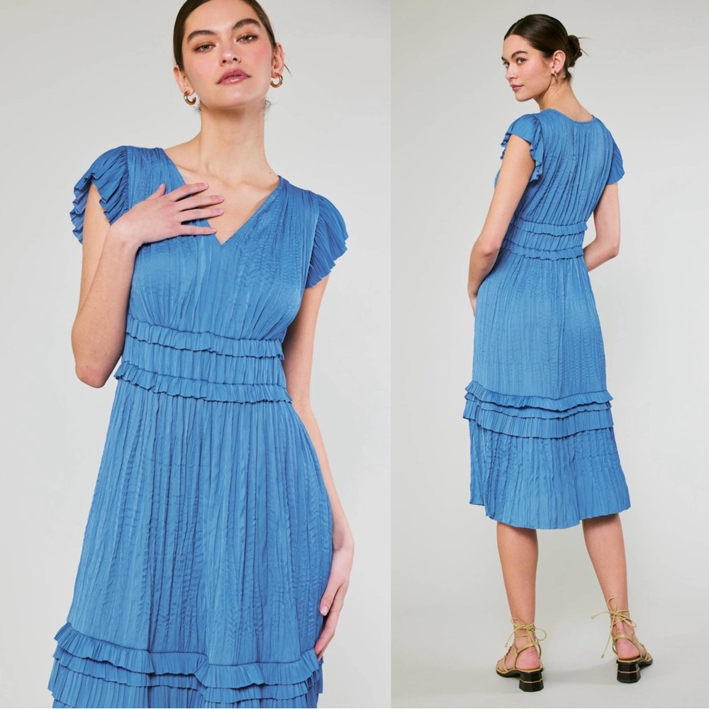 Current Air • Anthropologie Sereia Pleated Midi Dress blue flutter sleeve - Picture 10 of 13